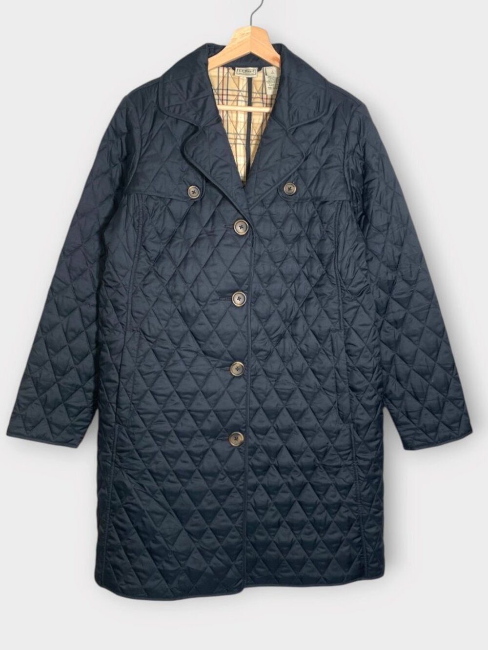 LL BEAN Womens Quilted Long Coat Navy Blue Plaid Lined Button Front Size L